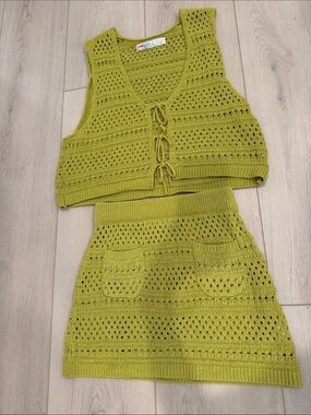 Free People Beach Knit Two-Piece Tank & Skirt Set in Olive Green SZ XS